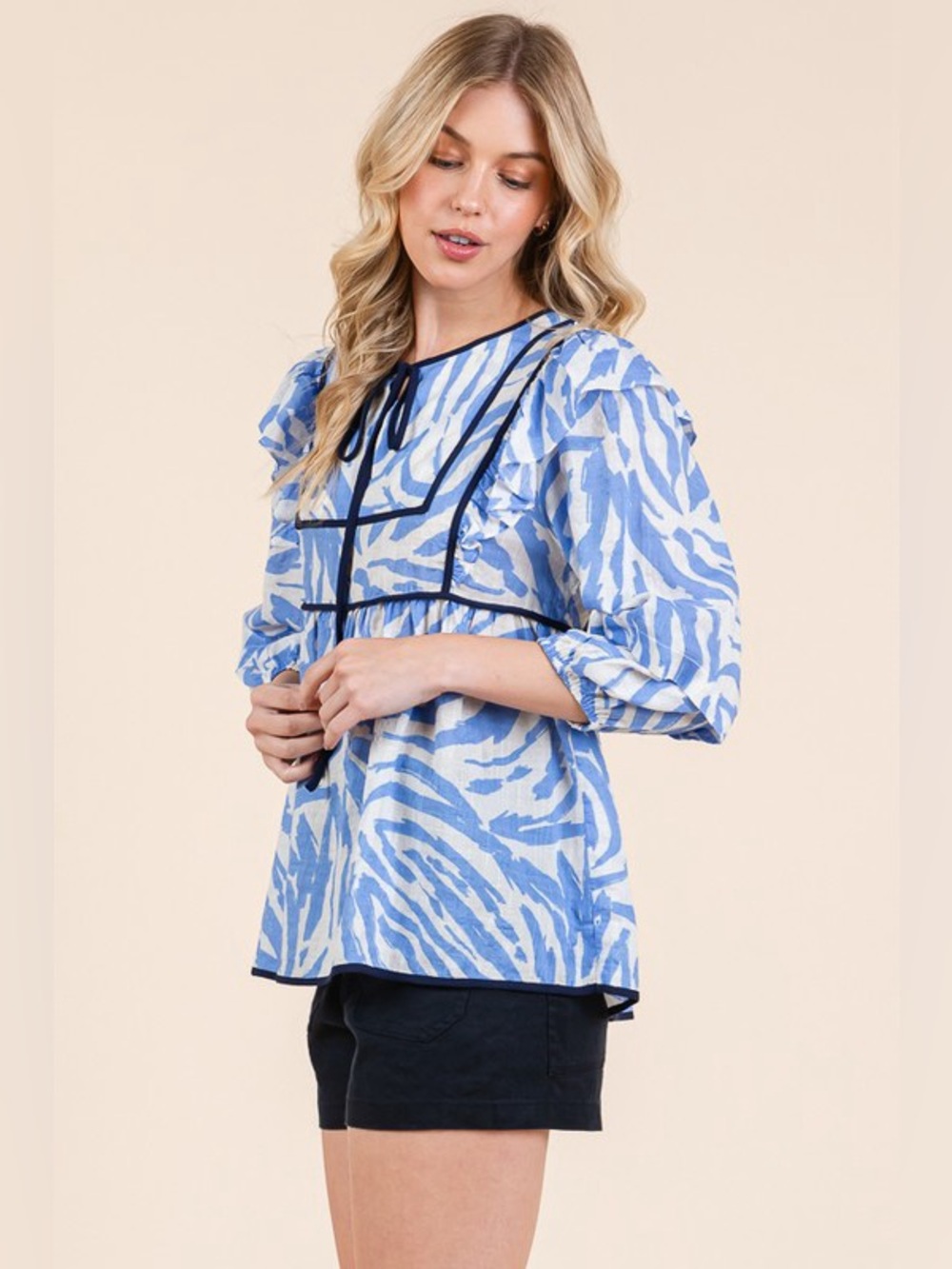 Lime 'N' Chili Graphic Print Solid Trim Quarter Sleeve Blouse - Picture 8 of 14